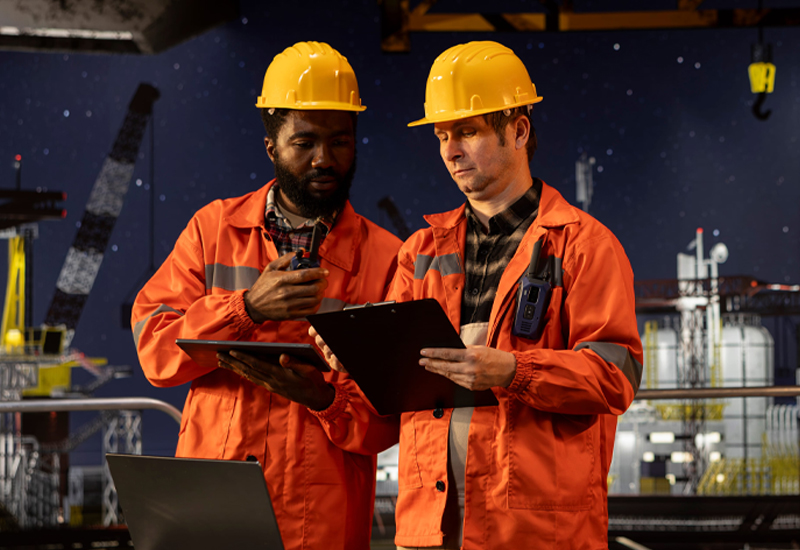 Two industrial workers reviewing process safety information during a HAZOP fundamentals training scenario.