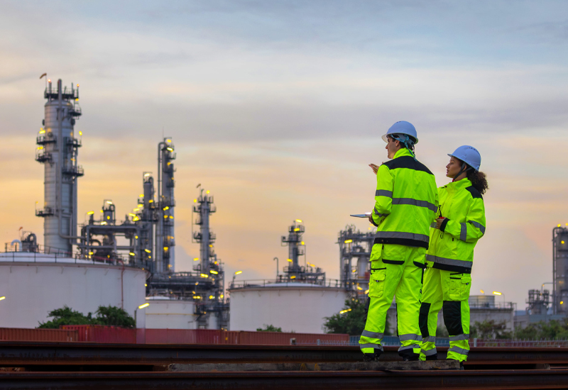 Two industrial workers overlooking a petrochemical facility during a facility siting evaluation